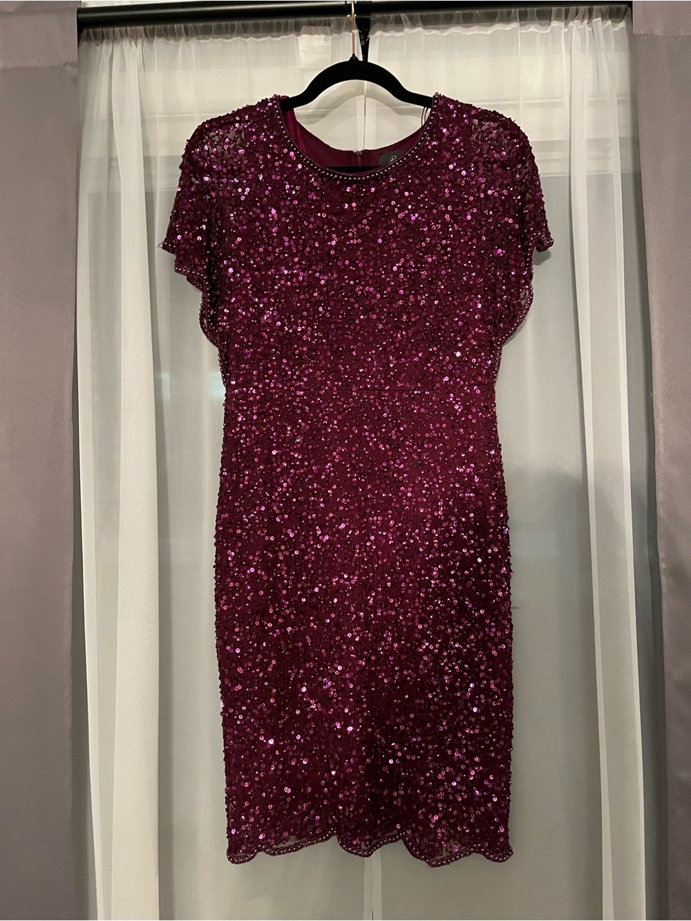 Adrianna Papell Magenta Sequin Cocktail Dress with Flutter Sleeves